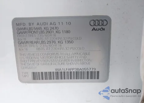 2011 Audi Q5 2.0T Premium from USA, damaged, VIN WA1LFAFP3BA055779